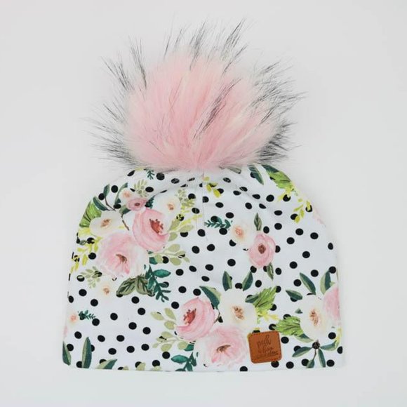 3 FOR 20 Peekaboo Homemade Removable Pompon Dots Pink/White Floral 3 Season Toqu - Picture 1 of 1